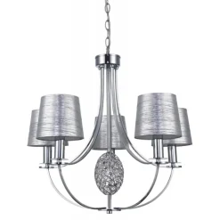 Lampara de techo colgante Plata 5 luces 5xE14 acabado cromo pantallas tejido plata estilo clásico 60cm Ø