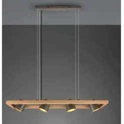 Lámpara de techo colgante Bell 4l lineal 4xE14 acabado metal níquel antiguo y madera natural estilo industrial