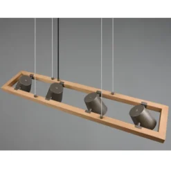Lámpara de techo colgante Bell 4l lineal 4xE14 acabado metal níquel antiguo y madera natural estilo industrial