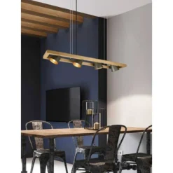 Lámpara de techo colgante Bell 4l lineal 4xE14 acabado metal níquel antiguo y madera natural estilo industrial