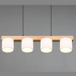 Lámpara de techo colgante Cameron 4 luces 4xE14 acabado madera natural y tulipas tela color blanco estilo nórdico BL