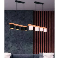 Lámpara de techo colgante Cameron 4 luces 4xE14 acabado madera natural y tulipas tela color blanco estilo nórdico BL