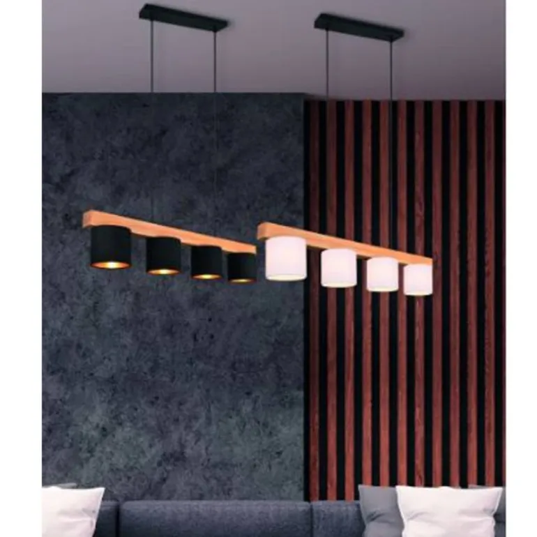 Lámpara de techo colgante Cameron 4 luces 4xE14 acabado madera natural y tulipas tela color blanco estilo nórdico BL