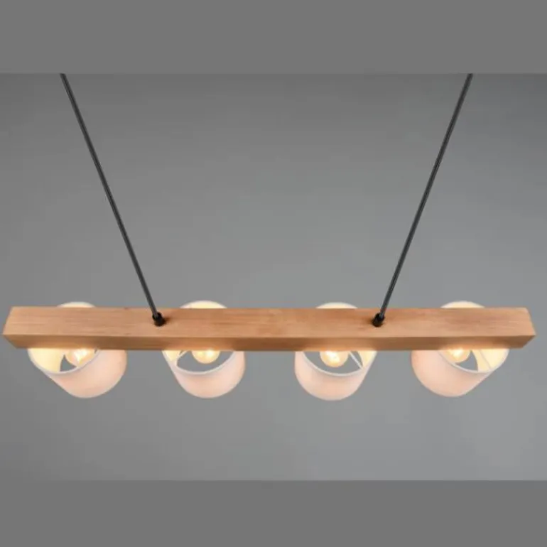 Lámpara de techo colgante Cameron 4 luces 4xE14 acabado madera natural y tulipas tela color blanco estilo nórdico BL