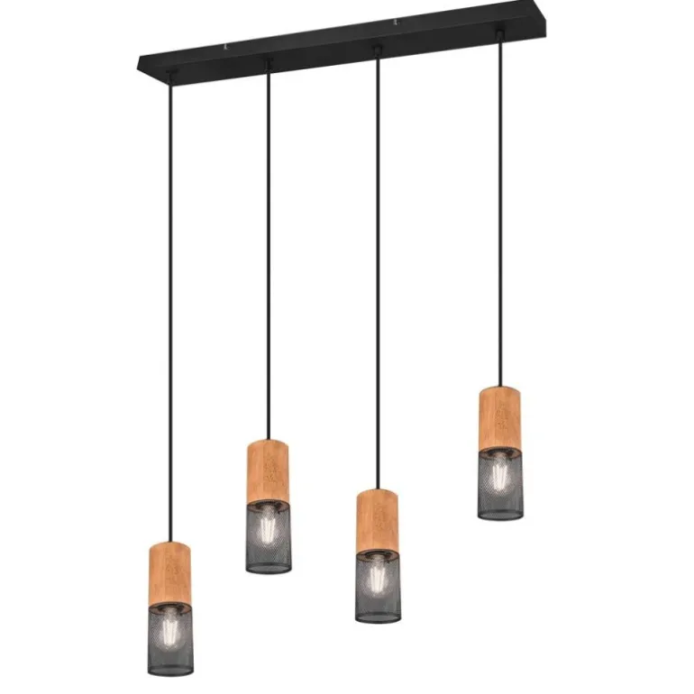 Lámpara de techo colgante Cáncer 4 luces 4xE14 acabado metal negro y madera natural estilo rústico