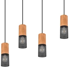 Lámpara de techo colgante Cáncer 4 luces 4xE14 acabado metal negro y madera natural estilo rústico