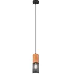 Lámpara de techo colgante Cáncer 1 luz 1xE27 acabado metal negro madera natural estilo rústico 9cm Ø
