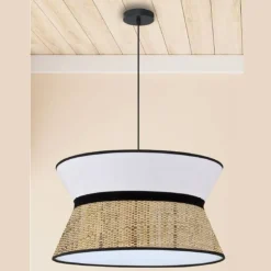 Lámpara de techo colgante Drac 1xE27 acabado fibra natural y tejido beige estilo moderno 40cm Ø