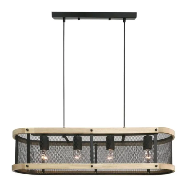 Lámpara de techo colgante Farm 4 luces lineal 4xE27 acabado metal negro y madera natural estilo rústico