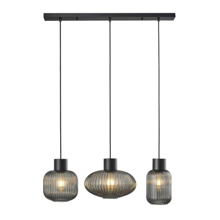 Lámpara de techo colgante Galio 3 luces lineal 3xE27 acabado metal negro cristal fumé estilo vintage