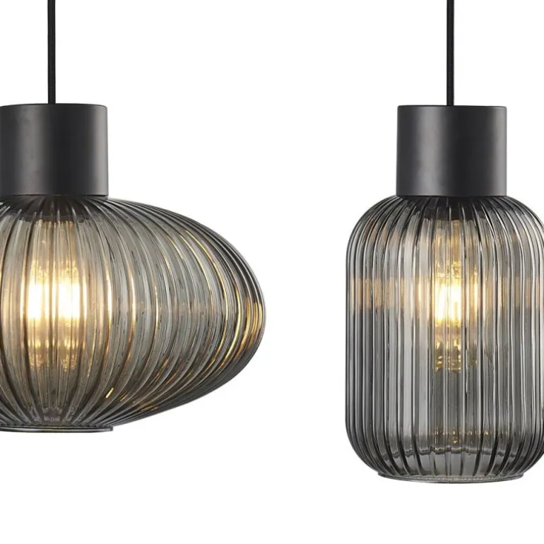 Lámpara de techo colgante Galio 3 luces lineal 3xE27 acabado metal negro cristal fumé estilo vintage