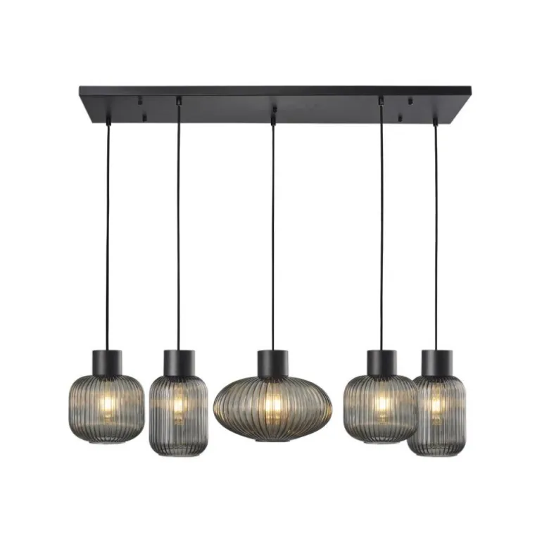 Lámpara de techo colgante Galio 5 luces lineal 5xE27 acabado metal negro y cristal fumé estilo vintage