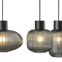 Lámpara de techo colgante Galio 5 luces lineal 5xE27 acabado metal negro y cristal fumé estilo vintage