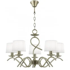 Lámpara de techo colgante Gloria 5 luces 5xE14 acabado metal oro envejecido tejido blanco estilo clásico 58cm Ø