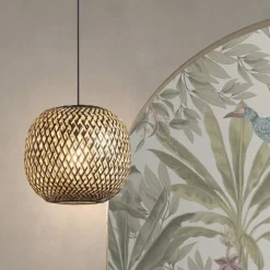Lámpara de techo colgante Kenia 1 luz 1xE27 acabado bambú natura/negro trenzado estilo nórdico 38cm Ø