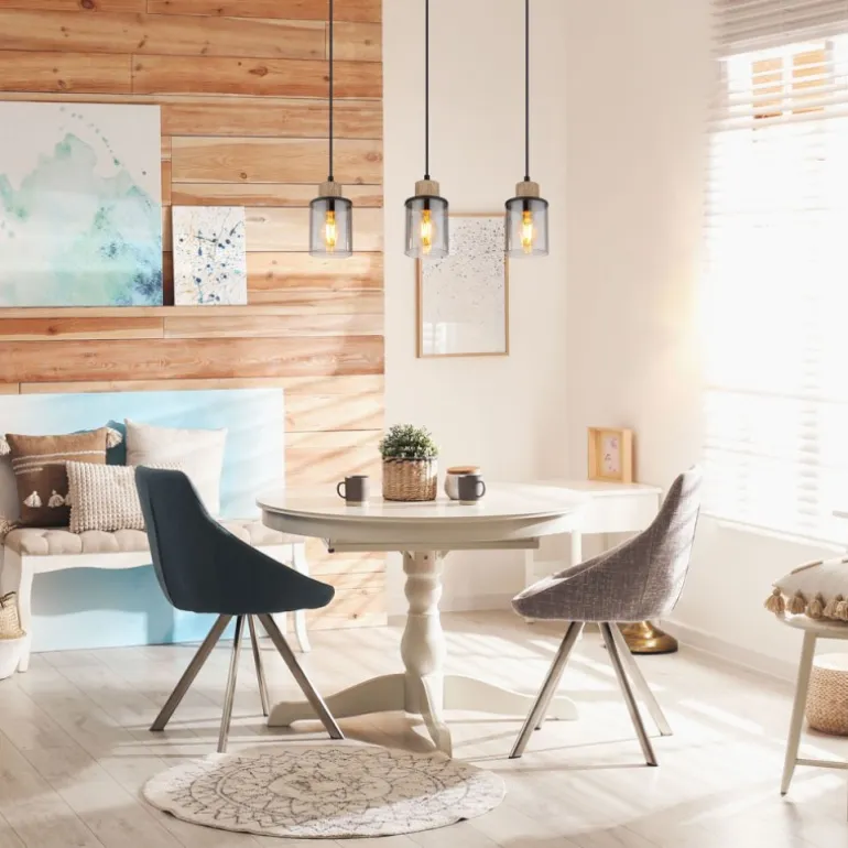Lámpara de techo colgante Lineal 3L Reid 3XE27 cristal ahumado y madera natural estilo moderno
