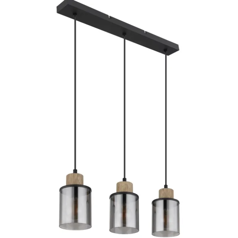 Lámpara de techo colgante Lineal 3L Reid 3XE27 cristal ahumado y madera natural estilo moderno