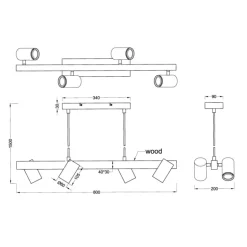 Lámpara de techo colgante Marley Madera/Negro 4L 4XGU10 80cm Ancho