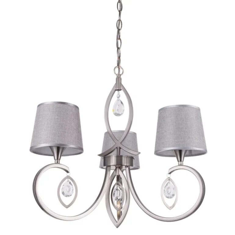 Lámpara de techo colgante Mina 3 luces 3xE14 acabado metal níquel pantallas tejido plata estilo clásico 50cm Ø