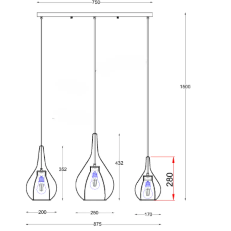 Lámpara de techo colgante Plazen lineal 3 luces 3XE27 acabado negro estilo moderno 88cm largo
