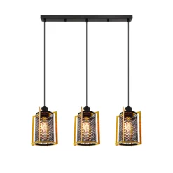 Lámpara de techo colgante Rejilla Lineal 3 luces 3XE27 acabado negro y madera estilo industrial