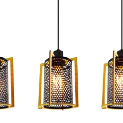 Lámpara de techo colgante Rejilla Lineal 3 luces 3XE27 acabado negro y madera estilo industrial