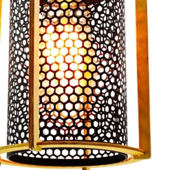 Lámpara de techo colgante Rejilla Lineal 3 luces 3XE27 acabado negro y madera estilo industrial