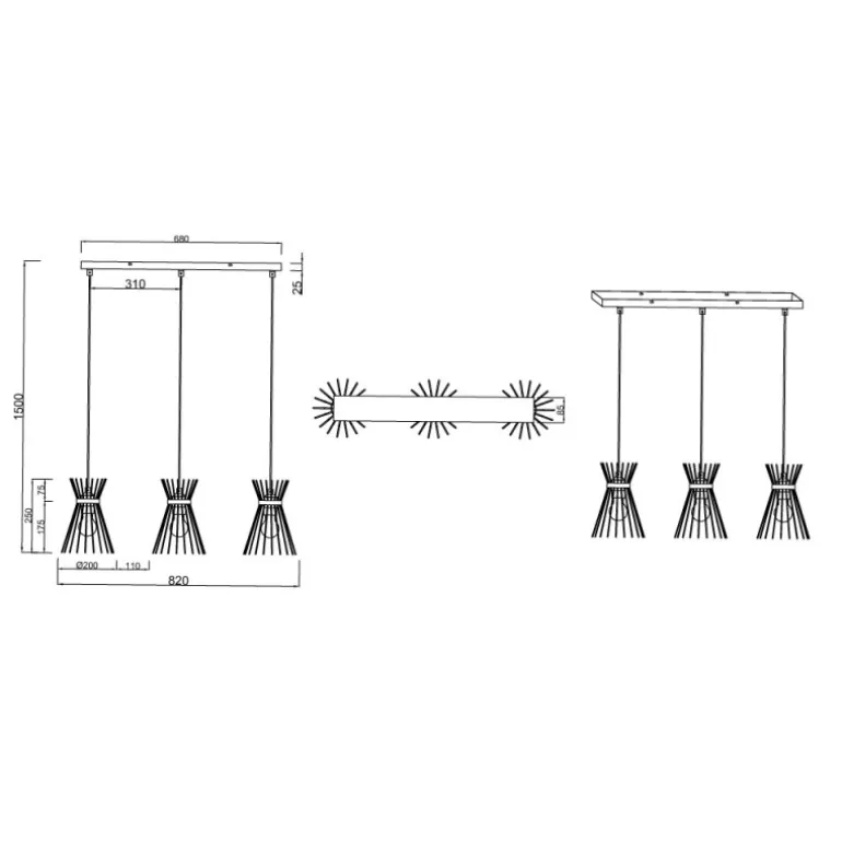 Lámpara de techo colgante Rod 3L 3XE27 82CM Largo
