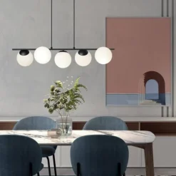 Lámpara de techo colgante Rondo 5 luces 5xE27 acabado metal negro cristal opal blanco estilo moderno