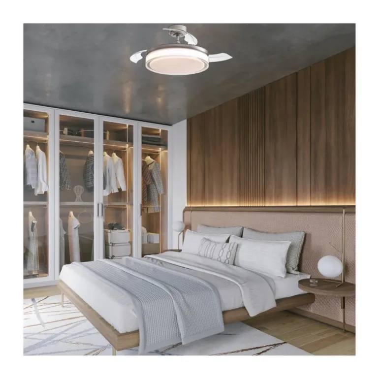 Ventilador de techo Aneto níquel LED 72w 3CCT acabado níquel estilo moderno aspas plegables motor DC 106cm Ø
