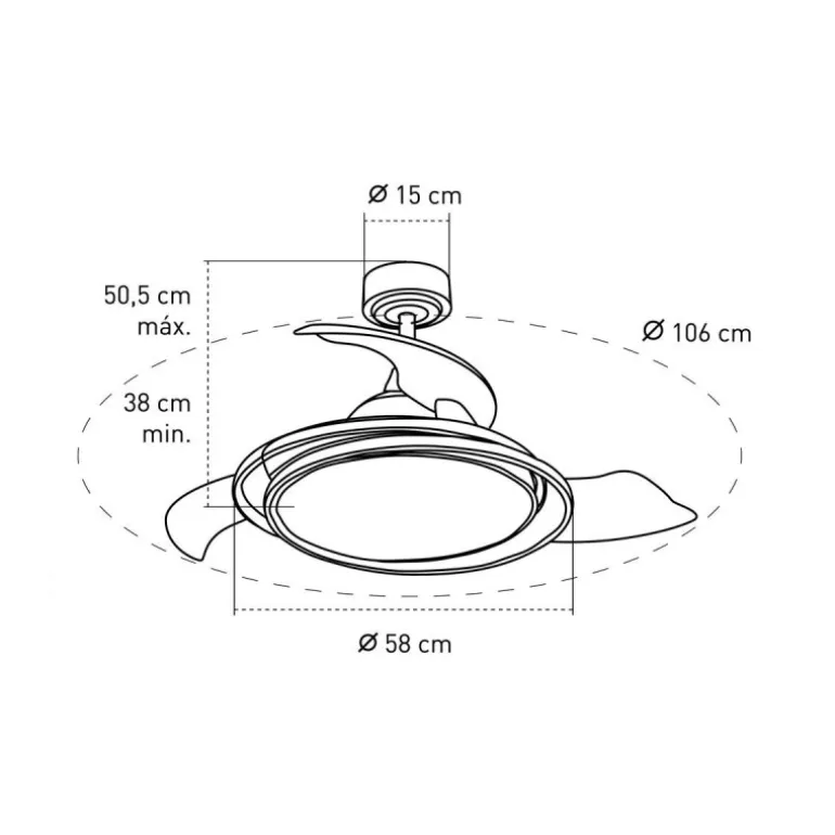 Ventilador de techo Antila negro LED 60w 3CCT acabado negro estilo moderno aspas plegables motor DC 106cm Ø