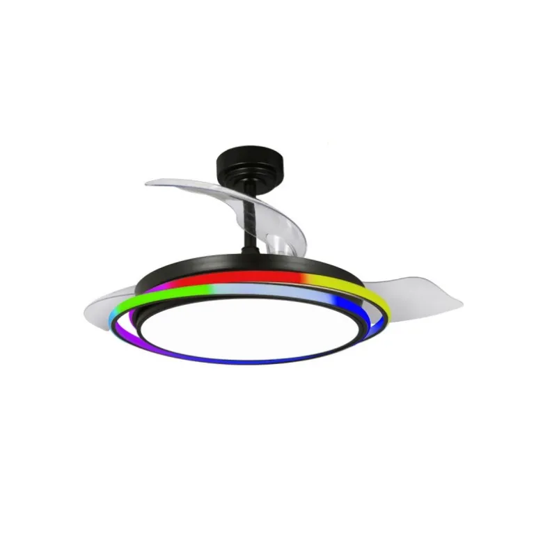 Ventilador de techo Antila RGB negro LED 65w 3CCT acabado acero negro estilo moderno aspas plegables motor DC 106cm Ø
