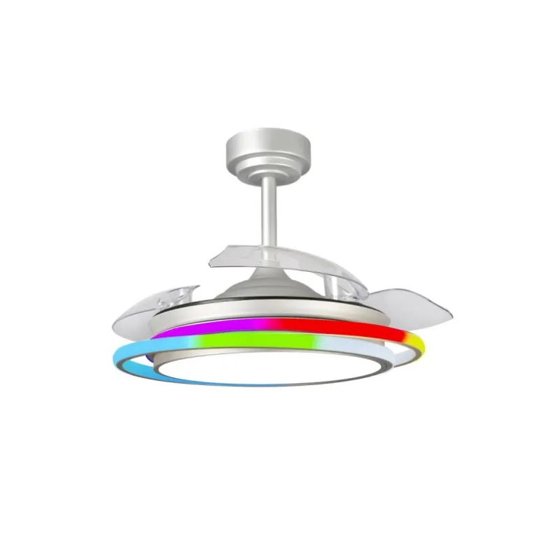 Ventilador de techo Antila RGB plata LED 65w 3CCT acabado acero plata estilo moderno aspas plegables motor DC 106cm Ø