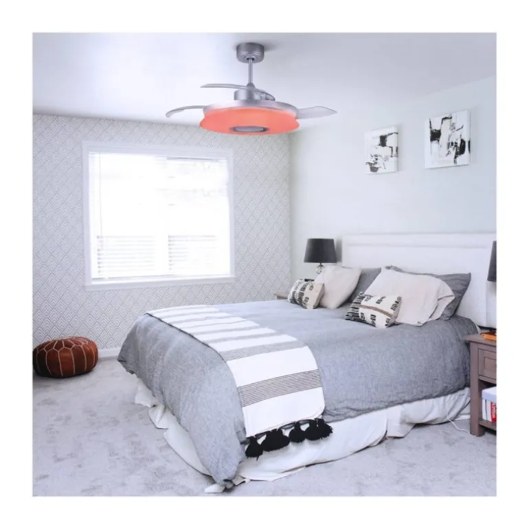 Ventilador de techo Gaby LED 35w 3CCT acabado blanco estilo moderno Rgb +Altavoz aspas plegables motor DC 106cm Ø