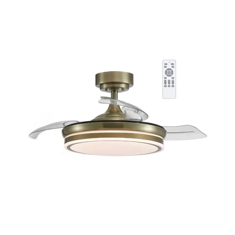 Ventilador de techo Ice cuero LED 35w 3CCT acabado oro envejecido estilo moderno aspas plegables motor DC 92cm Ø