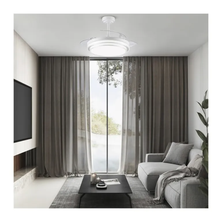 Ventilador de techo Lander blanco LED 72w 3CCT acabado acero blanco estilo moderno aspas plegables motor DC 106cm Ø