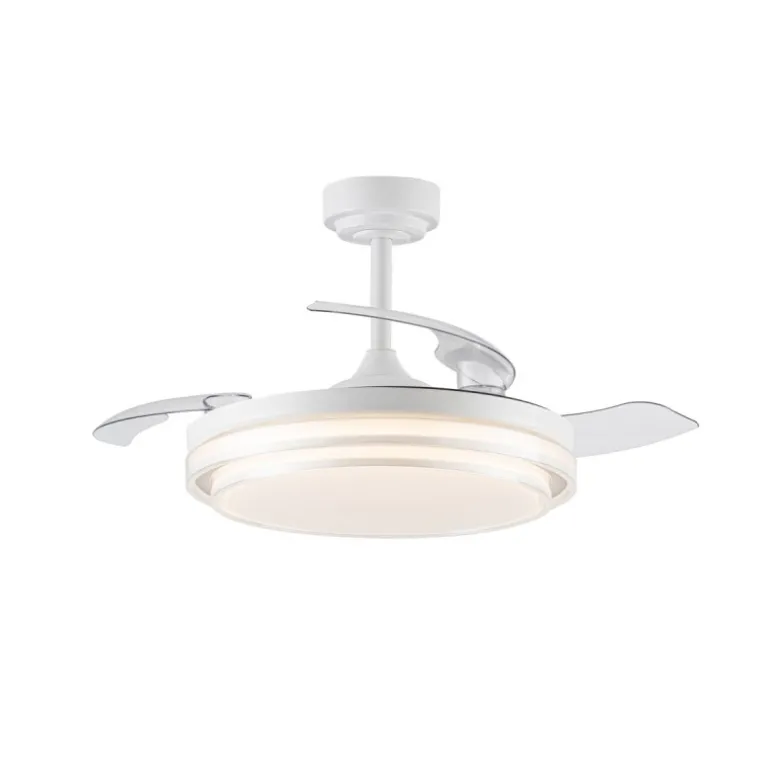 Ventilador de techo Lander blanco LED 72w 3CCT acabado acero blanco estilo moderno aspas plegables motor DC 106cm Ø