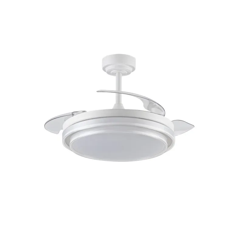 Ventilador de techo Lander blanco LED 72w 3CCT acabado acero blanco estilo moderno aspas plegables motor DC 106cm Ø