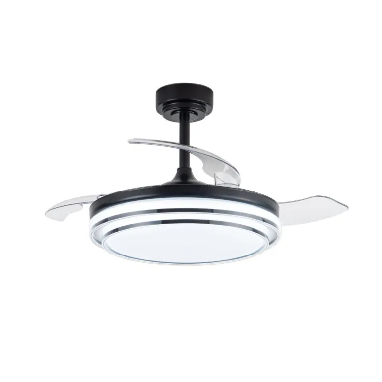 Ventilador de techo Lander negro LED 72w 3CCT acabado acero negro estilo moderno aspas plegables motor DC 106cm Ø