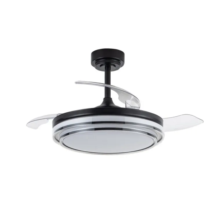 Ventilador de techo Lander negro LED 72w 3CCT acabado acero negro estilo moderno aspas plegables motor DC 106cm Ø