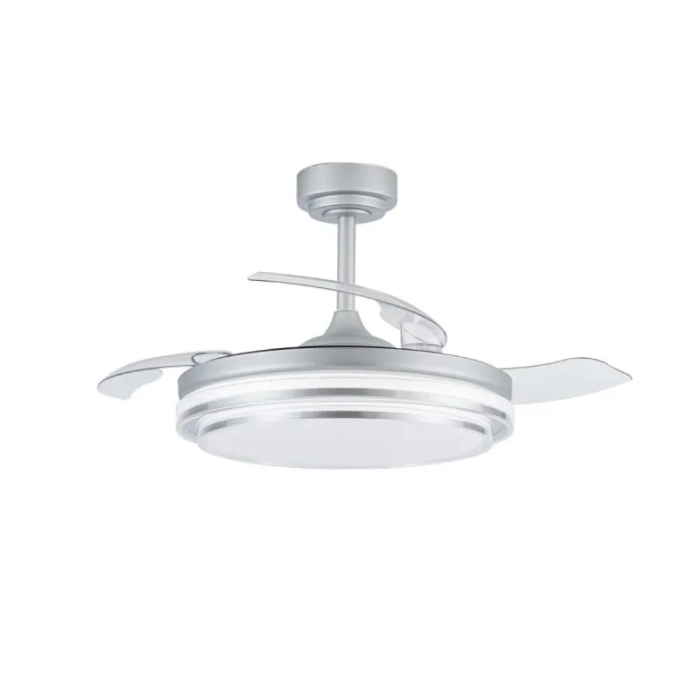 Ventilador de techo Lander plata LED 72w 3CCT acabado acero plata estilo moderno aspas plegables motor DC 106cm Ø