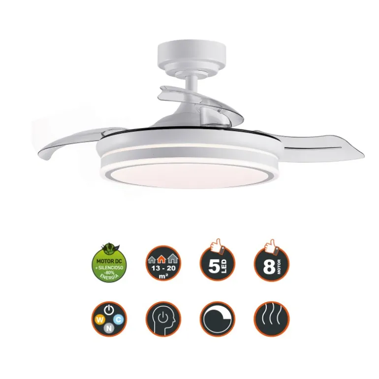 Ventilador de techo Martina blanco LED integrado 46w 3CCT acabado blanco estilo moderno aspas plegables motor DC 92cm Ø
