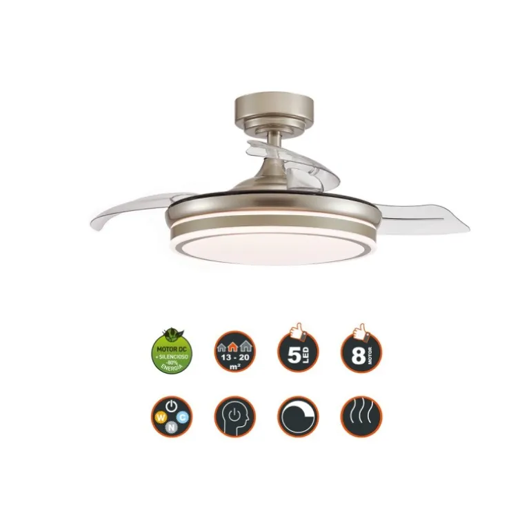 Ventilador de techo Martín níquel 72w LED integrado 3CCT acabado níquel estilo moderno aspas plegables motor DC 106cm Ø