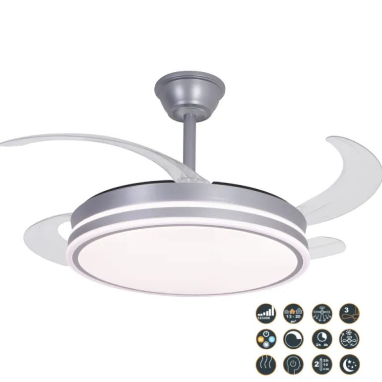 Ventilador de techo Marty plata LED integrado 72w 3CCT acabado plata estilo moderno motor DC aspas plegables 106cm Ø