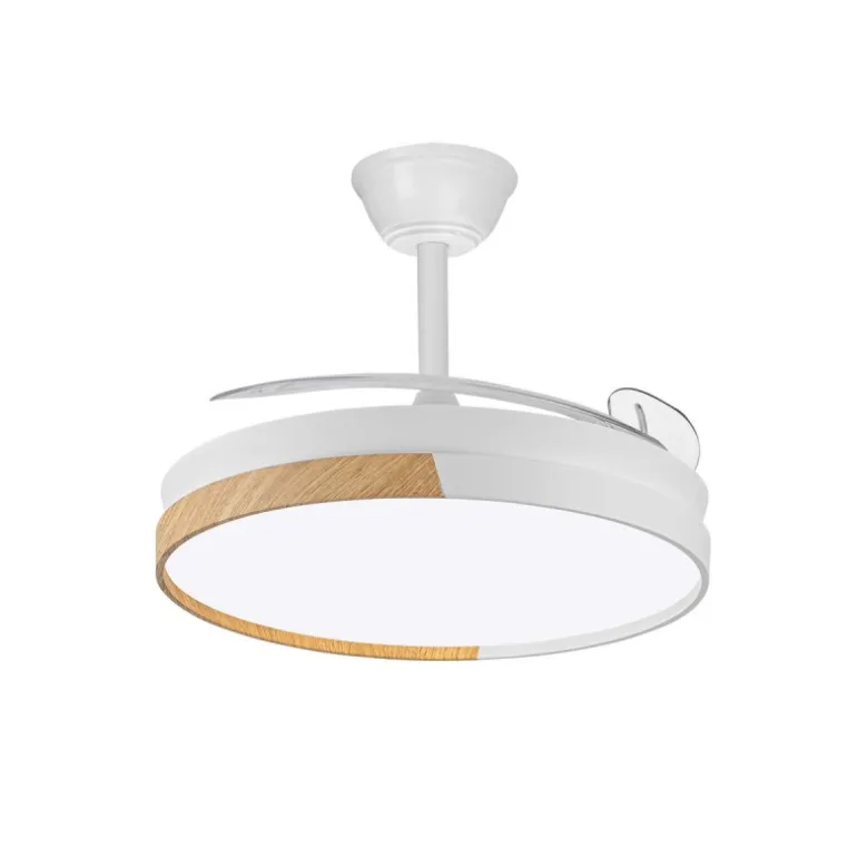 Ventilador de techo Nordic blanco LED integrado 45w 3CCT acabado blanco/madera estilo moderno aspas plegables motor DC 106cm Ø