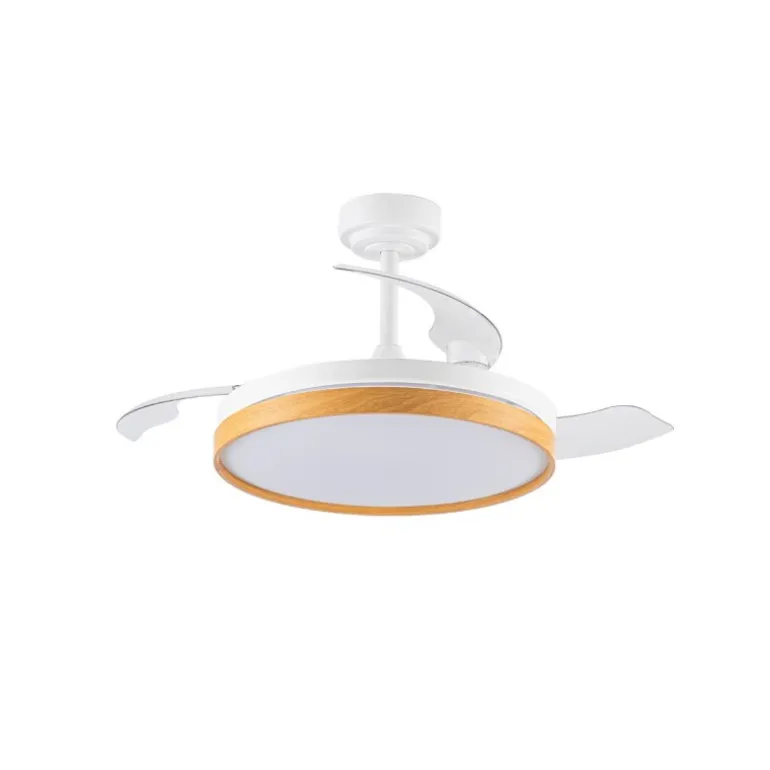 Ventilador de techo Venus blanco/haya LED 72w 3CCT acabado blanco/haya estilo moderno aspas plegables motor DC 106cm Ø