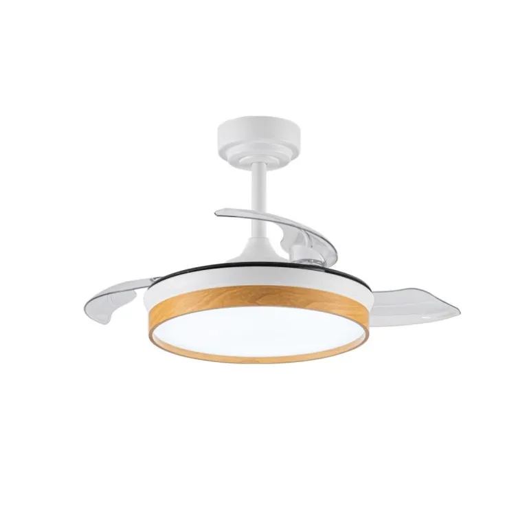 Ventilador de techo Venus Mini blanco/haya LED 46w 3CCT acabado blanco/haya estilo moderno aspas plegables motor DC 92cm Ø