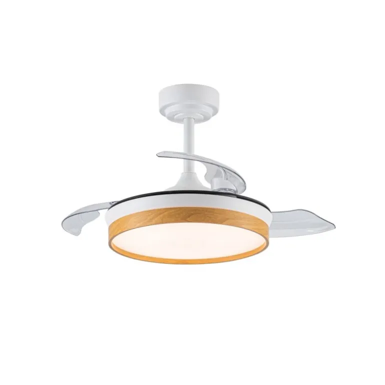 Ventilador de techo Venus Mini blanco/haya LED 46w 3CCT acabado blanco/haya estilo moderno aspas plegables motor DC 92cm Ø