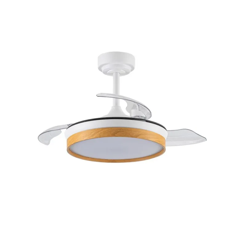 Ventilador de techo Venus Mini blanco/haya LED 46w 3CCT acabado blanco/haya estilo moderno aspas plegables motor DC 92cm Ø