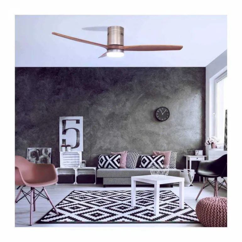 Ventilador de techo Yen Madera Oscura LED 15w 3 CCT acabado oro envejecido aspas madera estilo moderno motor DC 132cm Ø